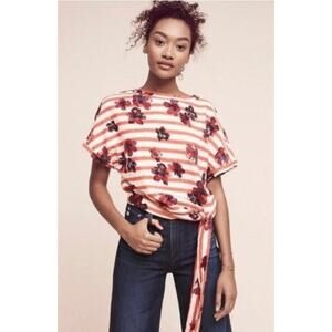 Anthropologie Postmark Floral Stripes Cropped Short Sleeve Blouse Size Small
